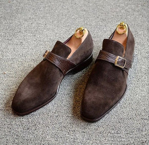 Handmade Men’s Dark Brown Suede & Leather Shoes, Men Single Monk Strap Dress Formal Shoes - theleathersouq