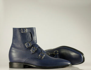 Handmade Men's Blue Quad Monk Straps Leather Ankle Boots, Men Designer Boots - theleathersouq