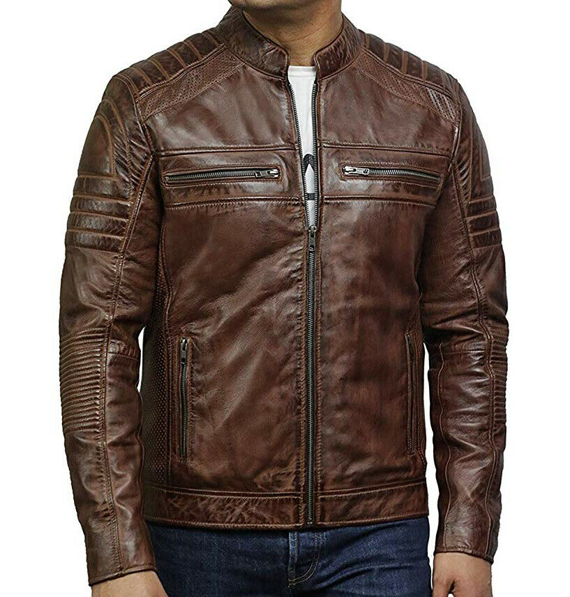 New Men's Leather Jacket Cafe Racer Vintage Distressed, Biker Leather Jacket for men - theleathersouq