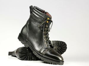 Men's Handmade Black Cap Toe Leather Ankle Boots, Men Designer Boots - theleathersouq