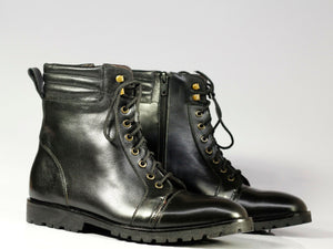 Men's Handmade Black Cap Toe Leather Ankle Boots, Men Designer Boots - theleathersouq