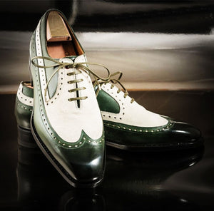 Stylish Men Handmade White & Green Color Leather Shoes, Wing Tip Lace Up Shoes - theleathersouq