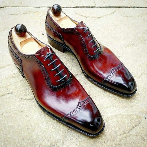 Stylish Men Oxford Maroon Burnished Toe Wing Tip Premium Leather Lace Up Shoes - theleathersouq