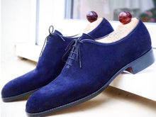 Load image into Gallery viewer, Stylish Handmade Men&#39;s Blue Color Suede Shoes, Lace Up Fashion Dress Shoes, Men Lace up Suede Shoes - theleathersouq