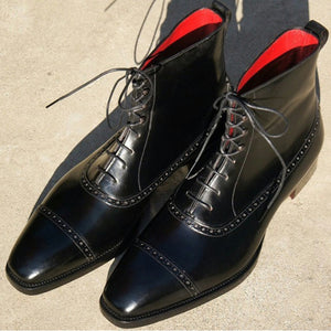 New Handmade Men's Black Color Leather Boots, Ankle High Lace Up Cap Toe Boots - theleathersouq