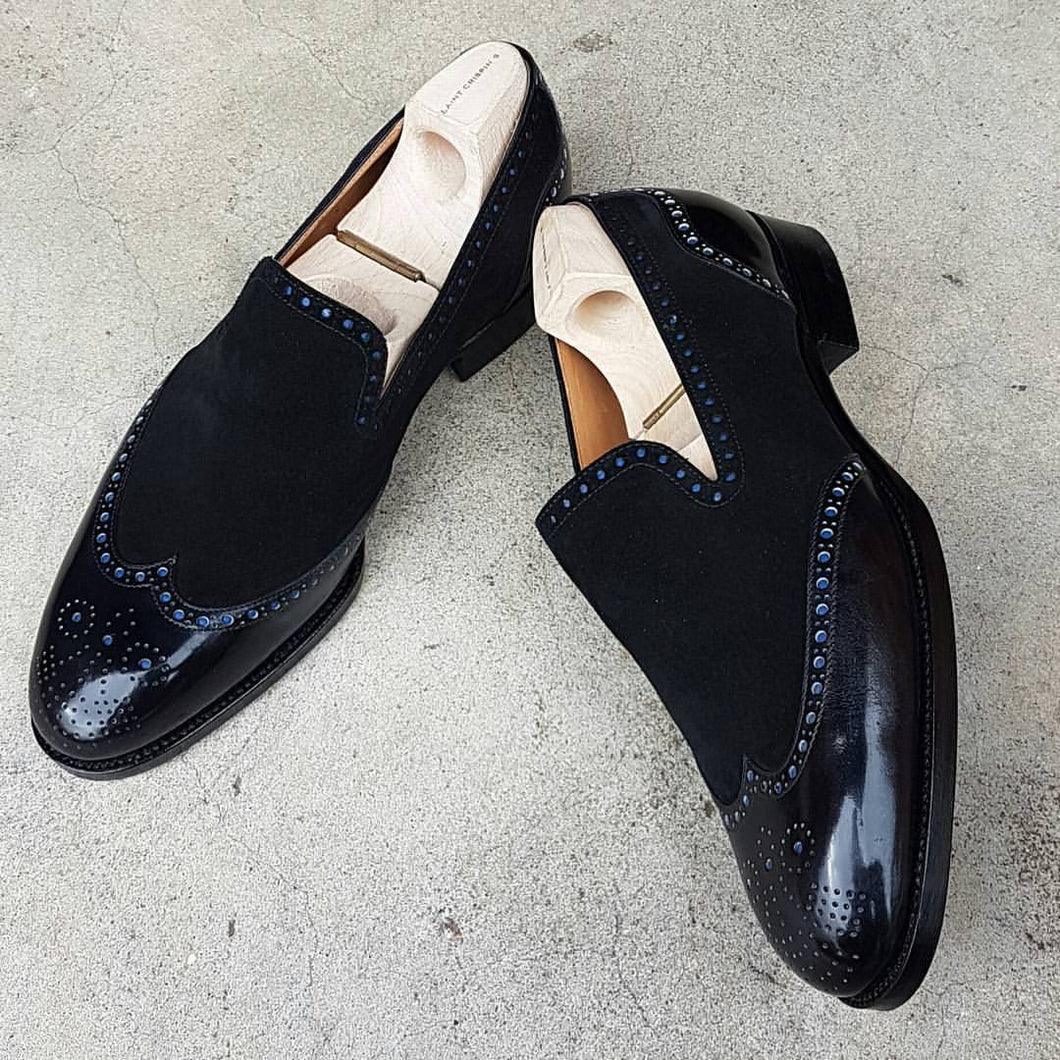 New Designer Men's Handmade Black Shoes, Men's Leather & Suede Wingtip Dress Fashion Shoes - theleathersouq