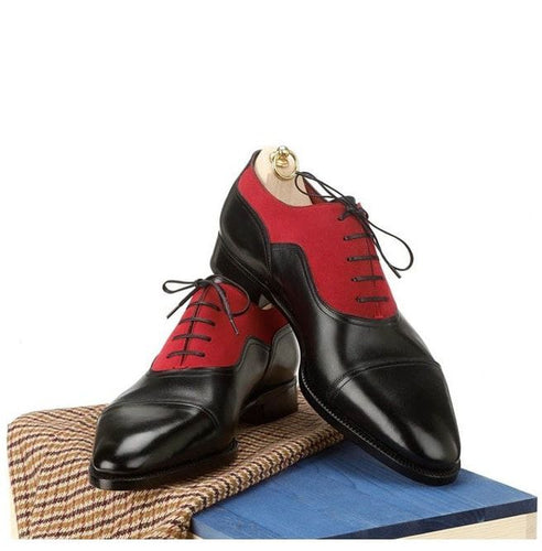 Stylish Handmade Black & Red Oxford Leather & Suede Lace Up Dress Shoes - theleathersouq