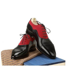 Load image into Gallery viewer, Stylish Handmade Black &amp; Red Oxford Leather &amp; Suede Lace Up Dress Shoes - theleathersouq