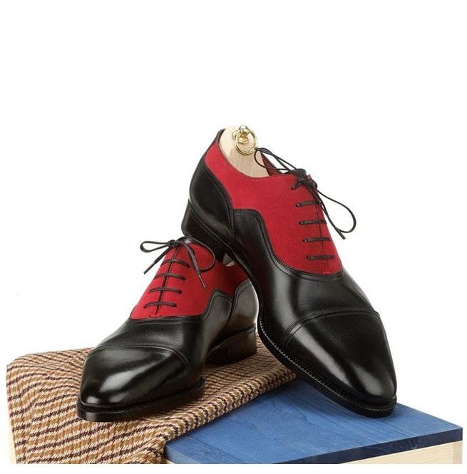 Stylish Handmade Black & Red Oxford Leather & Suede Lace Up Dress Shoes - theleathersouq