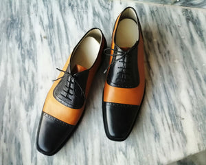 Stylish Black & Tan Handmade Men’s Cap Toe Lace Up Shoes, Men’s Leather Shoes - theleathersouq