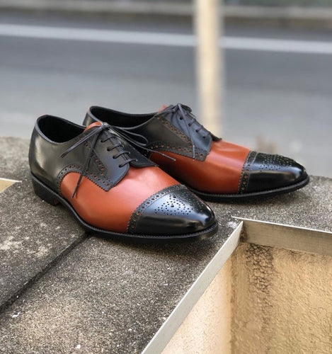Latest Handmade Men’s Leather Cap Toe Brogue Shoes, Men’s Black & Tan Color Lace Up Stylish Shoes - theleathersouq