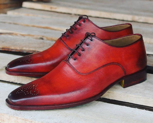 Stylish Handmade Oxfords Burnished Red Leather Formal Shoes,Tuxedo Suit Trendy Dress Shoes - theleathersouq