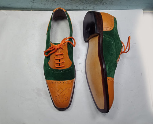 Elegant Handmade Men Green & Brown Shoe, Men cap toe Lace Up Suede & Leather Formal Shoes - theleathersouq