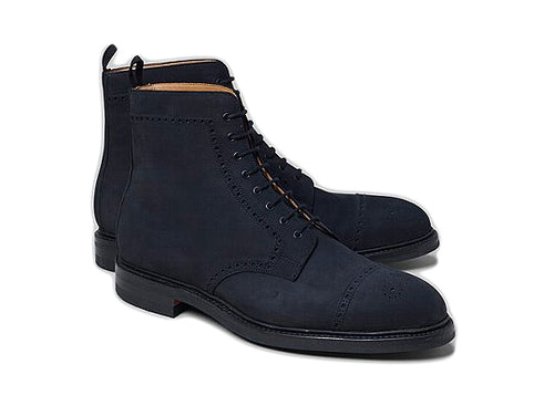 Stylish Handmade Men's Navy Blue Ankle High Lace Up Suede Boots, Men Formal Suede Boots - theleathersouq