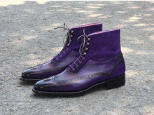 Load image into Gallery viewer, Stylish Handmade Leather &amp; Suede Wing Tip Brogue Boots, Men&#39;s Purple Color Lace Up Boots - theleathersouq