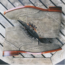 Load image into Gallery viewer, Stylish Handmade Wing Tip Gray Suede Lace Up Brogue Ankle-High Boots, Men&#39;s Suede Gray Boots - theleathersouq