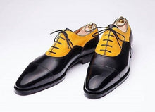 Load image into Gallery viewer, Stylish  Handmade Men’s Leather &amp; Suede Lace Up Shoes, Men Yellow &amp; Black Cap Toe Shoes - theleathersouq