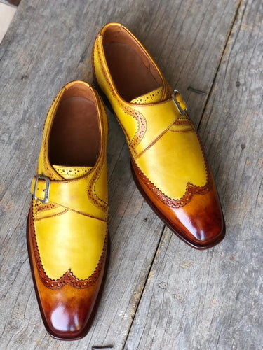 Handmade Men's Two Tone Yellow Brown Leather Wing Tip  Monk Strap Shoes, Men Designer Dress Formal Luxury Shoes - theleathersouq