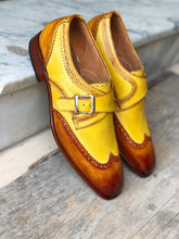 Load image into Gallery viewer, Handmade Men&#39;s Two Tone Yellow Brown Leather Wing Tip  Monk Strap Shoes, Men Designer Dress Formal Luxury Shoes - theleathersouq