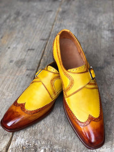 Elegant Design Handmade Men's Brown & Yellow leather Monk dress shoes,New leather shoes - theleathersouq