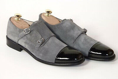 Stylish Men's Black & Gray Handmade Suede & Leather Double Buckle Monk Strap Shoes - theleathersouq