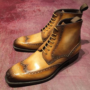 Stylish & Unique Handmade Men's Tan Patina Ankle High Boots,Top Quality Custom made boots - theleathersouq