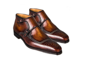 Stylish Handmade Men's Brogue Double Monk Strap Shoes, Pure Leather Men's Brown Shoes - theleathersouq