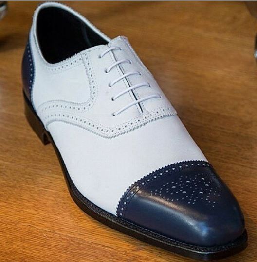 Latest Handmade White & Blue Two Tone Stylish Men's Leather Lace Up Brogue Toe Shoes - theleathersouq