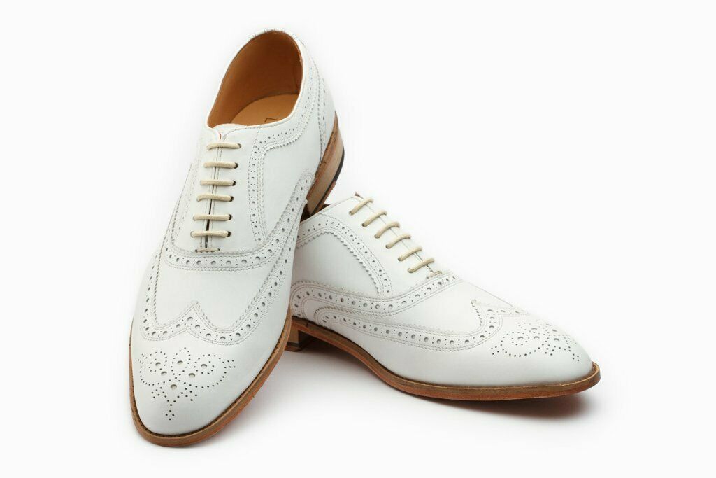 Stylish Men's White Brogue Toe Wing Tip Premium Leather Oxford Handmade Shoes - theleathersouq