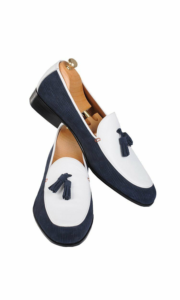 Men's Stylish Blue & White Handmade Tassel Loafer Leather Shoes, custom dress shoe for men - theleathersouq