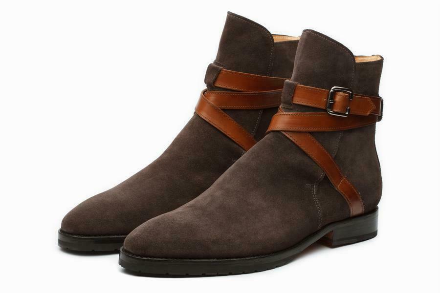 New Men's Handmade Suede & Leather Brown Color Rounded Toe Ankle High Jodhpur Boots - theleathersouq