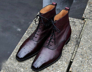 New Men's Handmade Burgundy Brogues Leather Ankle High Lace Up Boots - theleathersouq