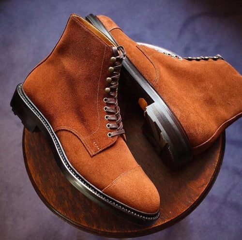 New Men's Suede Leather Brown Color Handcrafted Ankle High Lace Up Fashion Boots - theleathersouq