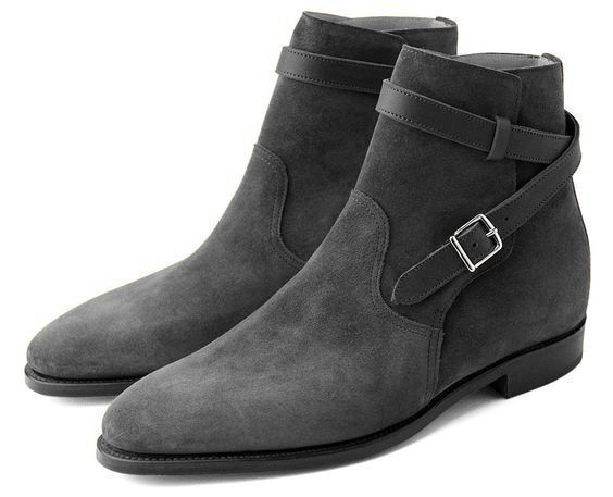 New Men's Handmade Gray Suede Ankle High Buckle Strap Boots, Custom Made Men Boots - theleathersouq