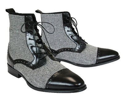 New Handmade Men's Leather & Tweed Boots, Black and Gray ankle lace up boots For Men - theleathersouq