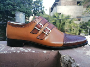 Handmade Men's Tan Brown Leather Cap Toe Brogue Buckle Straps Shoes, Men Dress Formal Shoes