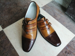 Handmade Men's Tan Brown Leather Cap Toe Brogue Buckle Straps Shoes, Men Dress Formal Shoes