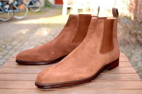 Stylish Hand Stitched Men's Ankle High Chelsea Slip On Camel Color Fashion Boots - theleathersouq