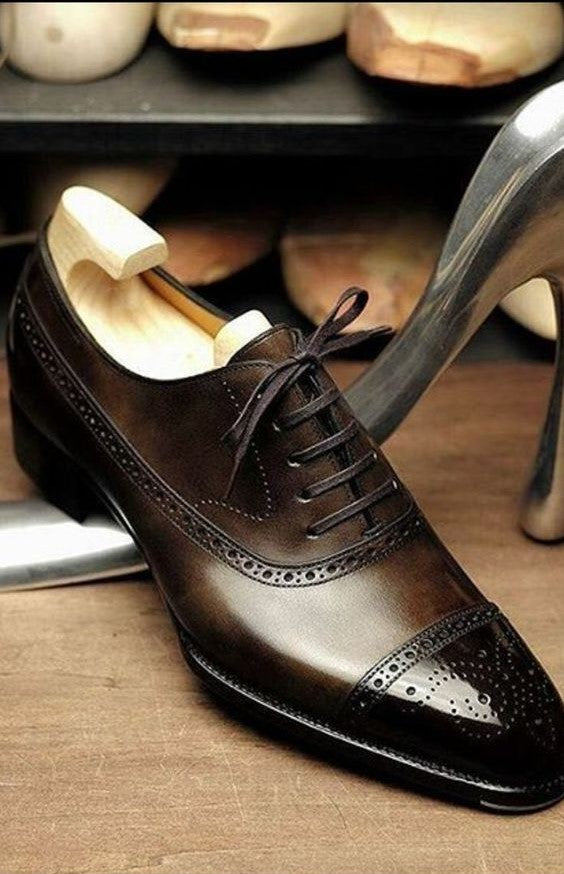 New Men's Handmade Coffee Brown Oxford Brogue Toe Leather Lace up Formal Shoes - theleathersouq