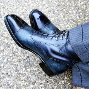 Stylish Men's Handmade Blue Ankle High Rounded Cap Toe Leather Lace up Boots - theleathersouq