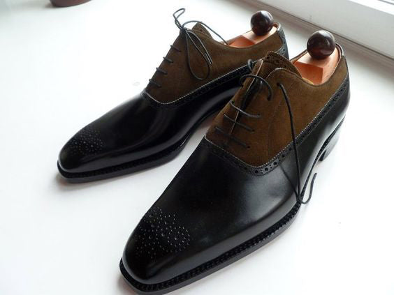 Stylish Men's Handmade Chocolate Brown Leather & Suede Lace Up shoes, Men Stylish Dress shoes - theleathersouq