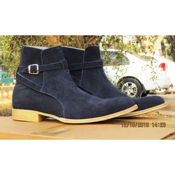 New Men's Handmade Blue Jhodpur Suede Buckle Stylish Boots, Formal Ankle High Boots - theleathersouq