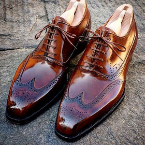 Elegant Men's handmade Wing Tip Brogue Brown Leather Shoes, custom made dress men shoes - theleathersouq