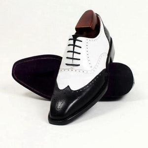 Men's Handmade Spectator Shoes, Men wingtip brogue Black & White formal Leather shoes - theleathersouq