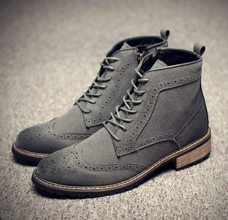 Stylish Men's Handmade Gray Suede Brogue Lace Up Boots, Men Suede Gray Casual Boots - theleathersouq