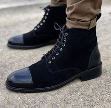 Load image into Gallery viewer, New Men&#39;s Handmade Black Leather &amp; Suede Cap Toe Lace Up Boots, Men Casual Boots - theleathersouq