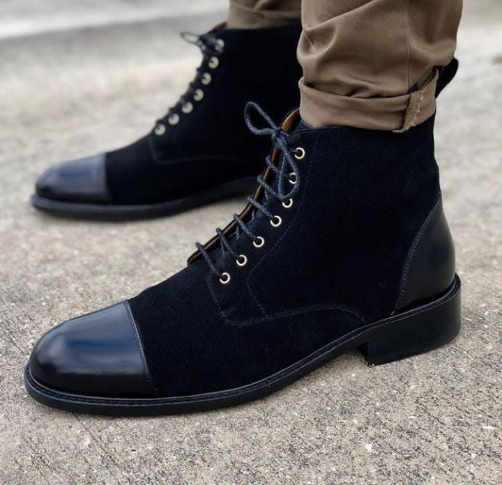 New Men's Handmade Black Leather & Suede Cap Toe Lace Up Boots, Men Casual Boots - theleathersouq