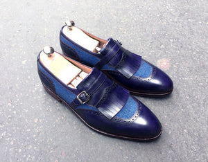 Stylish Men's Handmade Leather & Tweed Blue Color Fringe & Buckle Dress Shoes - theleathersouq