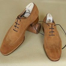 Load image into Gallery viewer, Stylish Men&#39;s Handmade Camel Color Suede Rounded Tow Brogue Dress Shoes - theleathersouq