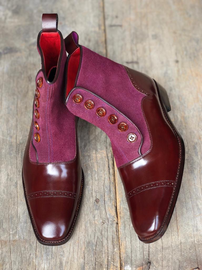 Stylish Men's Handmade Maroon & Purple Leather & Suede Boots, Men Casual Ankle High Boots - theleathersouq